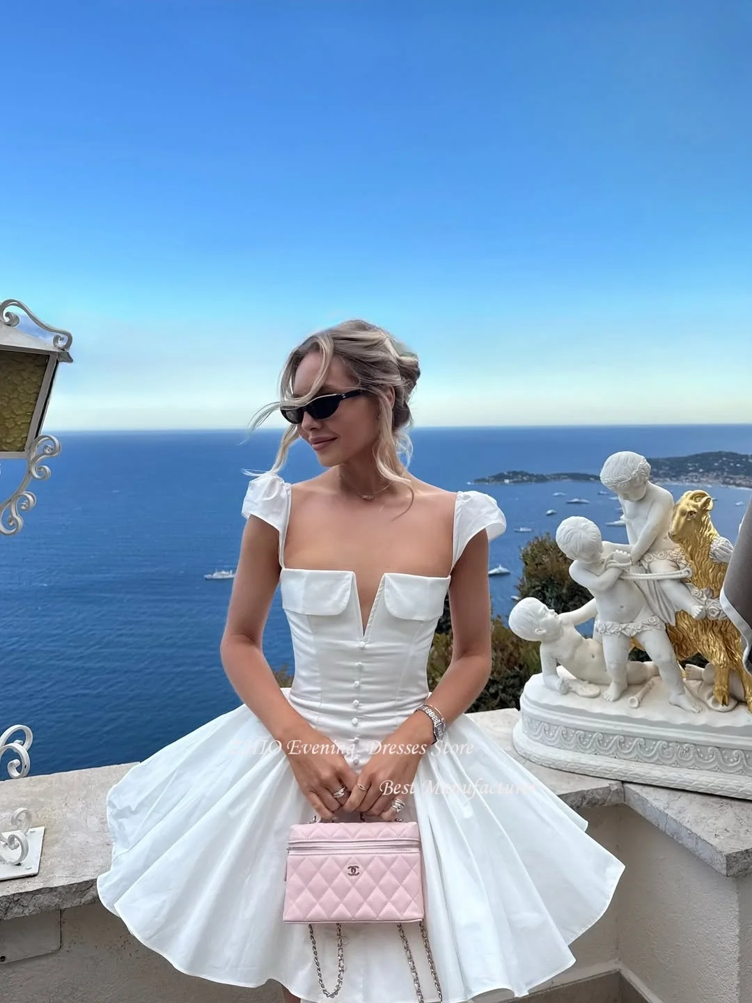 ZHIO Lovely Chiffon Knee-Length Wedding Party Dress A Line Pleats Square Collar Casual Dress Customized V-Neck Short Sleeve