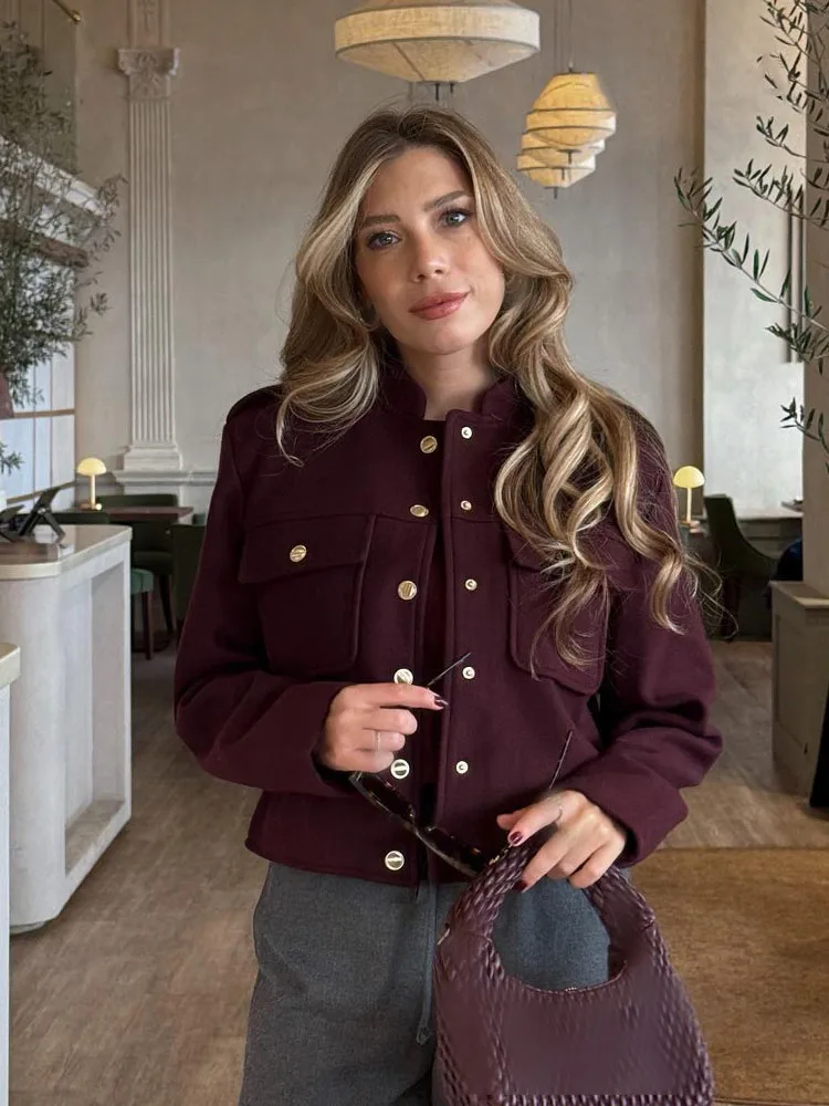 

HH осенние новые модные женские куртки винно-красного цвета с круглым вырезом и длинными рукавами, карманами и пуговицами, однобортные женские повседневные пальто