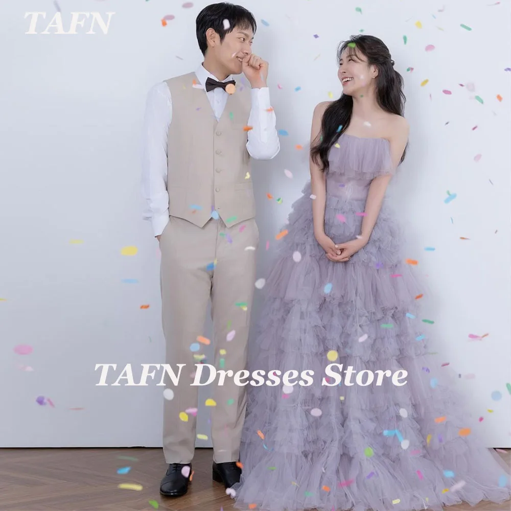 TAFN Purple Tiered Tulle Wedding Dresses A-line Straplesss Draped Photo Shoot Bridal Gown Custom Made Evening Dresses