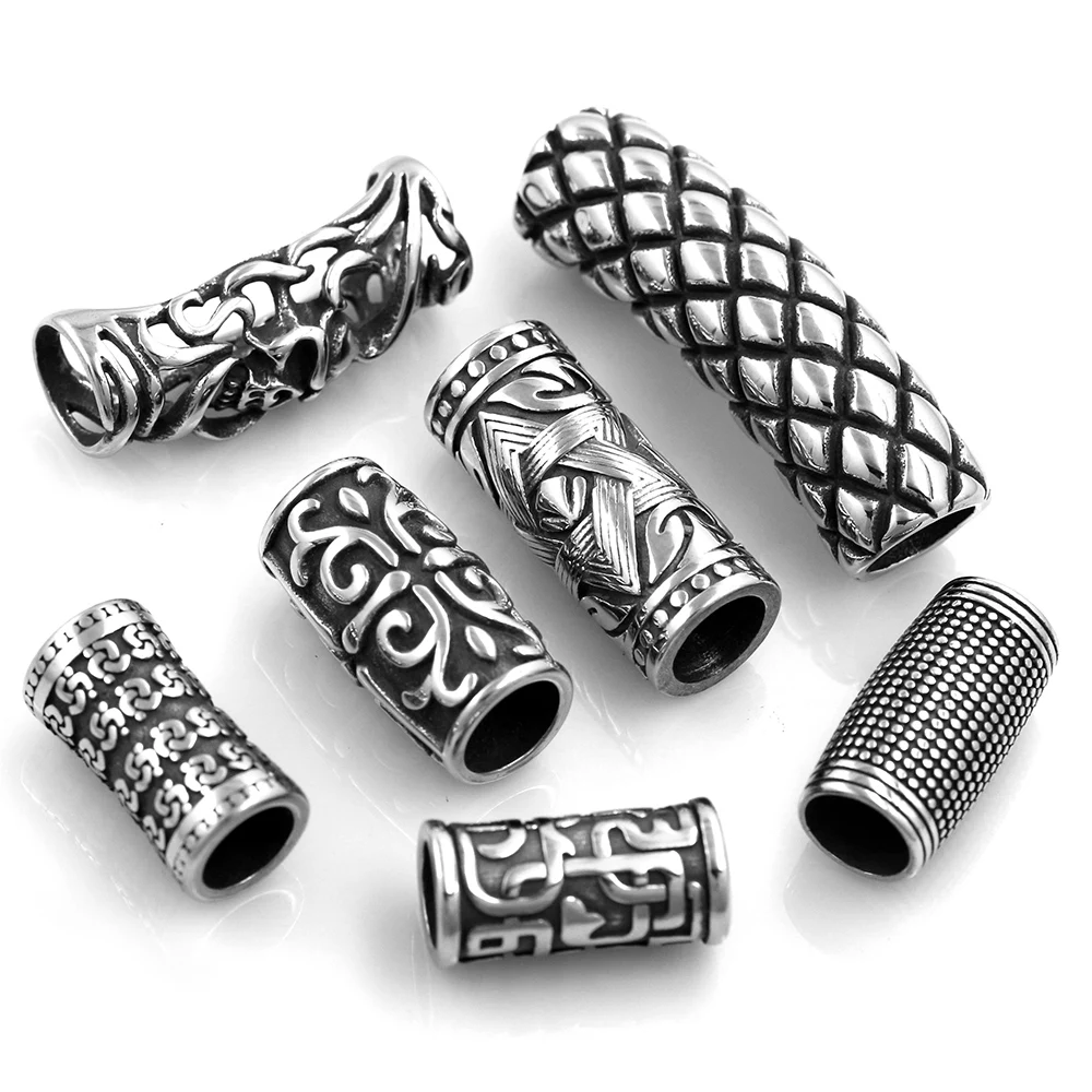 2pcs Stainless Steel Slider Skull Viking Punk 8-9mm Tube Bead Slide Charms Round Leather Rope DIY Men Jewelry Making Supplies