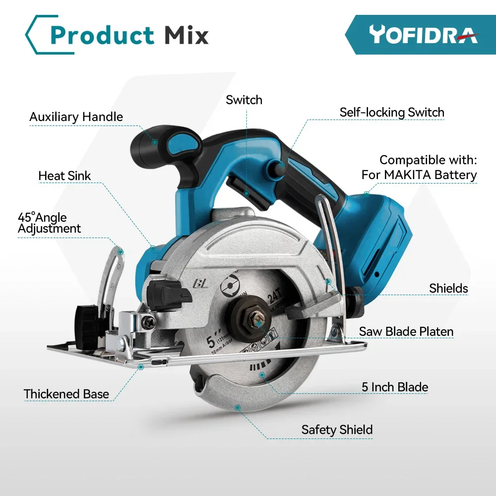 Yofidra Sierra circular eléctrica inalámbrica sin escobillas de 5 pulgadas y 125 mm 0 °   hasta 45 °   Máquina cortadora de madera ajustable para