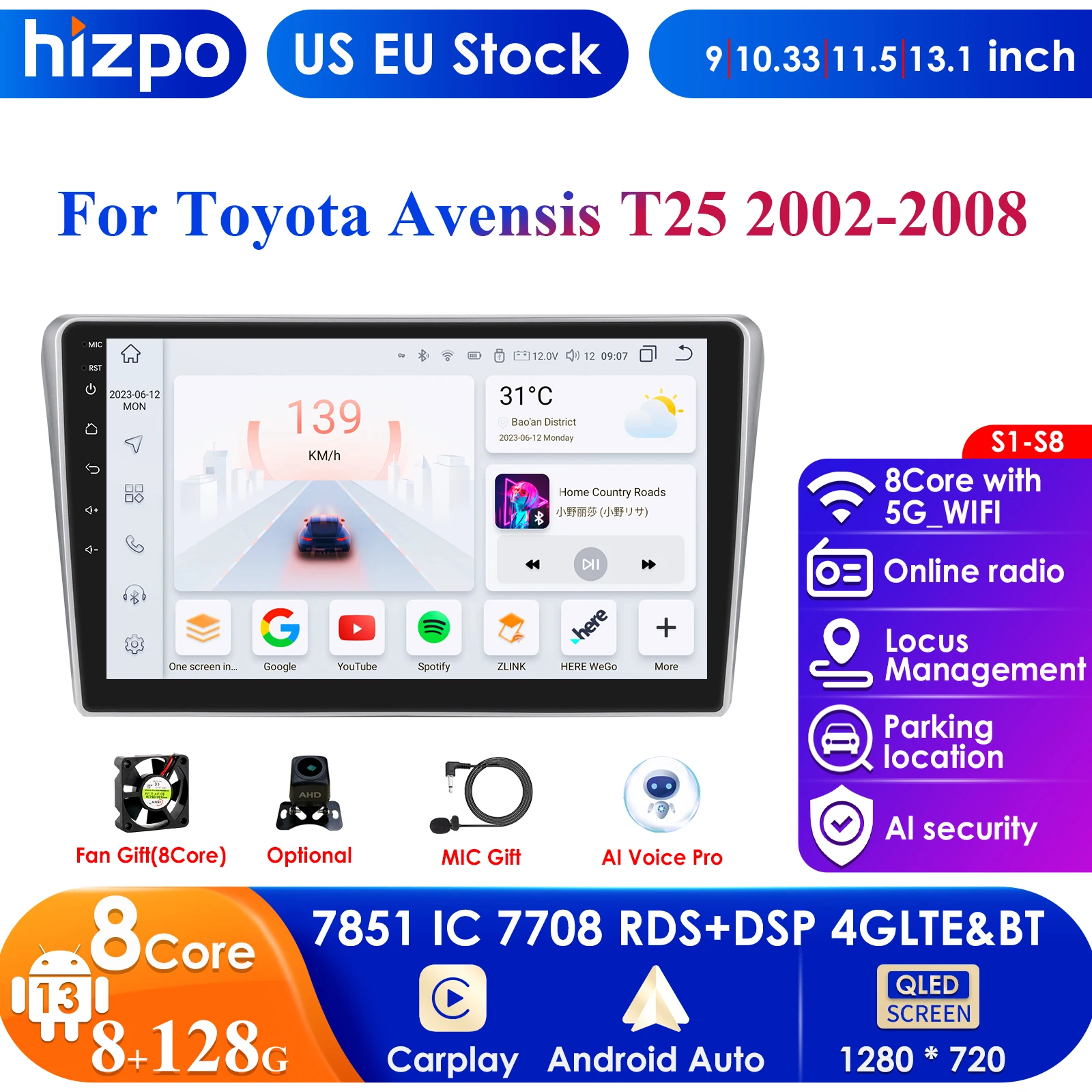 

Android 13 2Din Car Radio for Toyota Avensis T25 2002-2008 Multimedia Video Player Navigation Carplay Stereo Head Unit 9" 10.33'