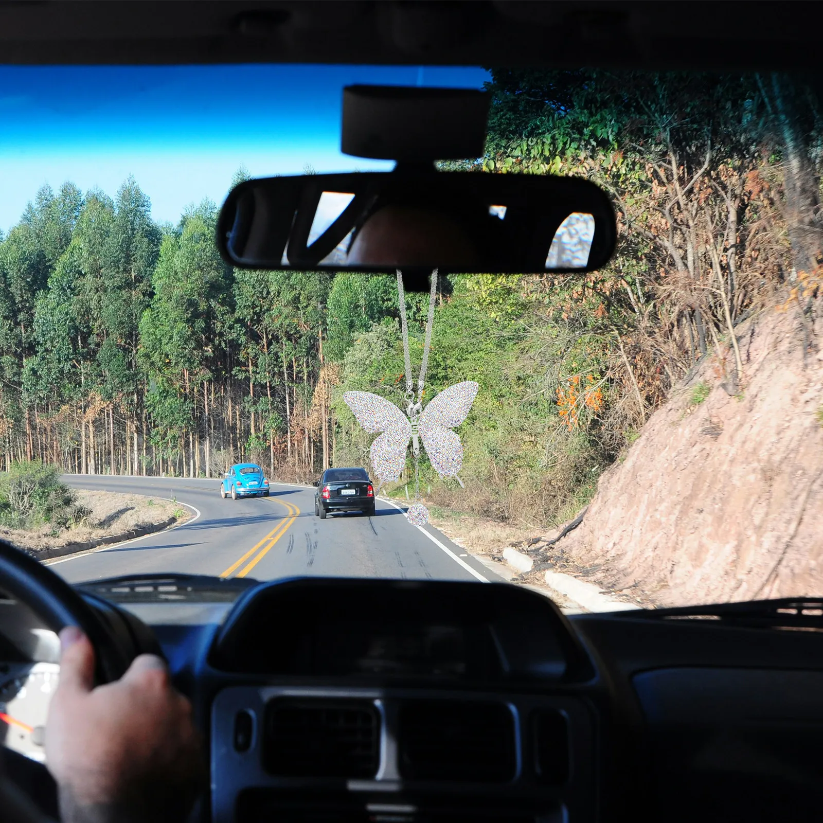 Butterfly Car Ornament Rhinestone Stainless Steel Clay Hanging Pendant for Rear View Mirror Car Accessories Home Decor