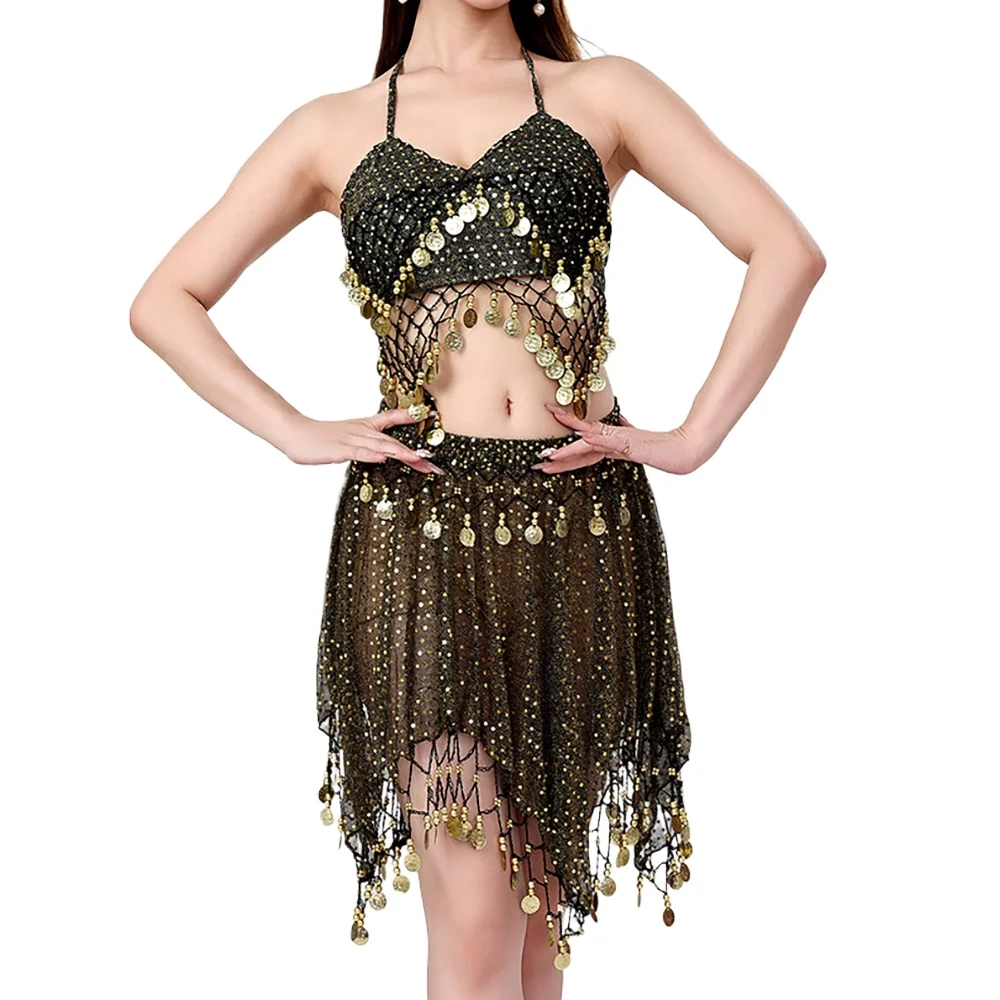 

Women Belly Dance Costume Set Tassel Sequined Bra Tops Irregular Hem Skirt Halloween Indian Egyptian Dance Performance Outfit