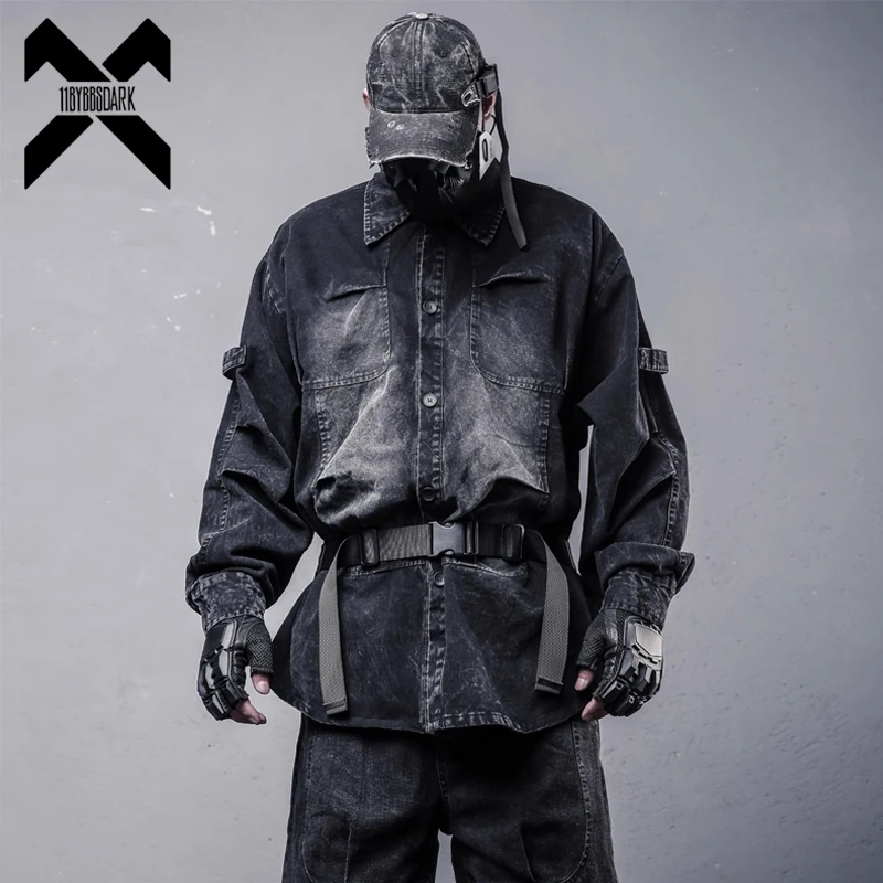 

Techwear Denim Shirt Jacket Men's Washed Workwear Shirt 2025 Autumn Vintage Distressed Streetwear Long Sleeve Jeans Shirt