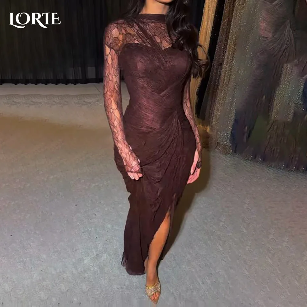 

LORIE Lace Mermaid Evening Dress High Collar Flared Long Sleeve Sexy Saudi Pleats Prom Dress Party Gown 2026 Cocktail Customized