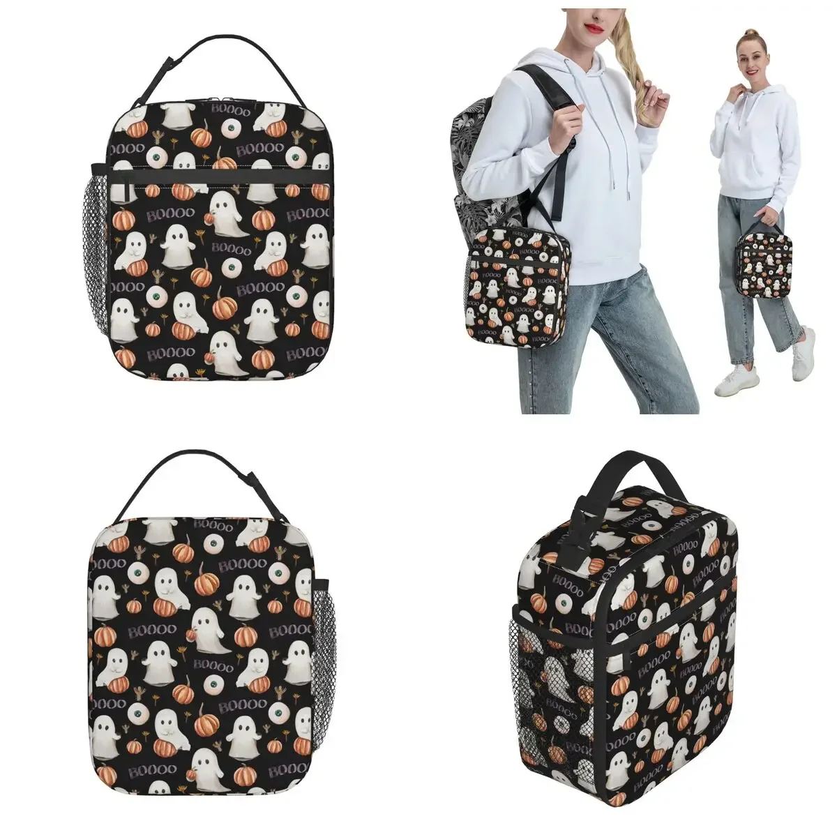 Bolsas de almuerzo con aislamiento de calabazas de Halloween para hombres y mujeres, contenedor de comida fantasma de alta capacidad, bolsa enfriadora, bolsa de mano, fiambrera universitaria al aire libre