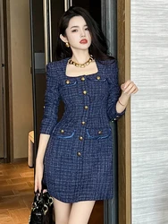 Fashion Ladies Vintage Tweed Short Dress Women Bright Silk Commute Formal Square Collar Slim Mini Mujer Vestidos Street Clothes