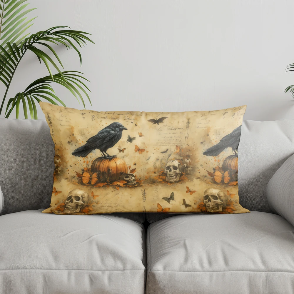 Home Decor Halloween Raven & Skull Pillowcase Suitable For Sofa Bedroom Car Pillow Cover Cushion Rectangular Back Cushion