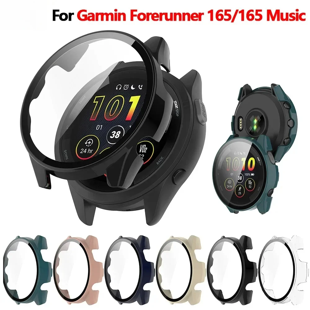 Tempered Glass+Case For Garmin Forerunner 165 PC Hard  Screen Protector All-around Bumper Protective Cover for Garmin 165 Music