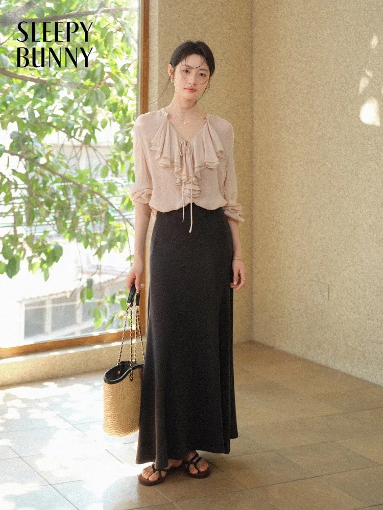 

Women Ruffle Tie Neck Blouse Long Sleeve Chiffon Shirt Loose Fit Top Soft Flowing Office Casual Summer Outfit French Style Lady