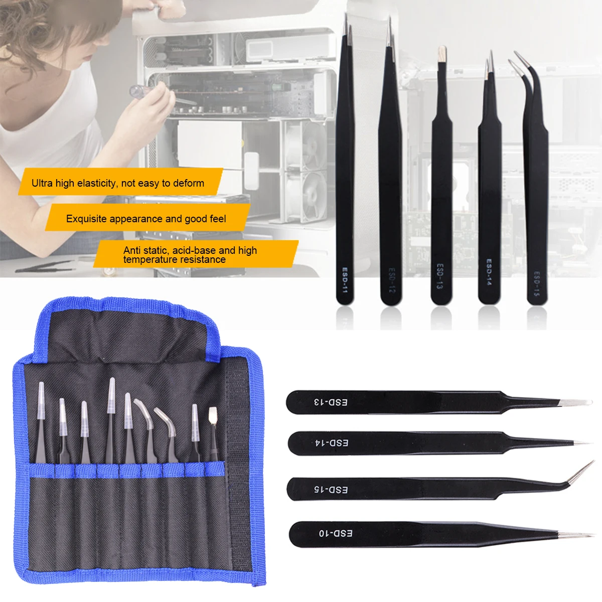 

9pcs Cloth Bag Antistatic Tweezers Bent Tip Pointed Tip Flat Tip Round Tip Precision Stainless Steel Tweezers