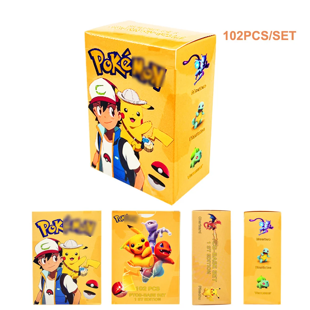 PTCG - conjunto base 1a edição, 102pcs Blastoise Squirtle Pikachu TCG Jogos de tabuleiro Cartão Proxy