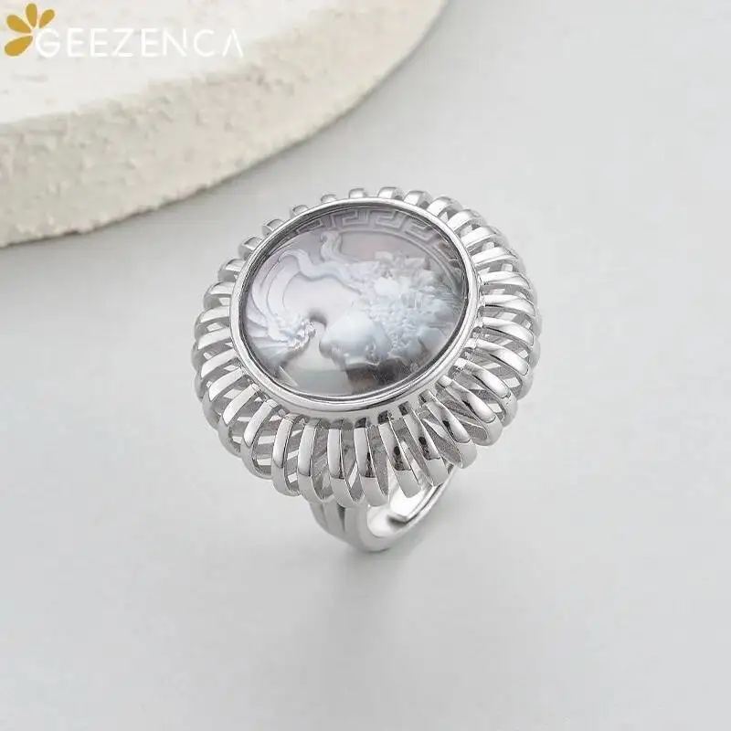GEEZENCA 925 Silver Mother Of Pearl White Crystal Adjustable Ring Women Hollow Craft Queen Cameo Round Chunky Rings Luxury Gift