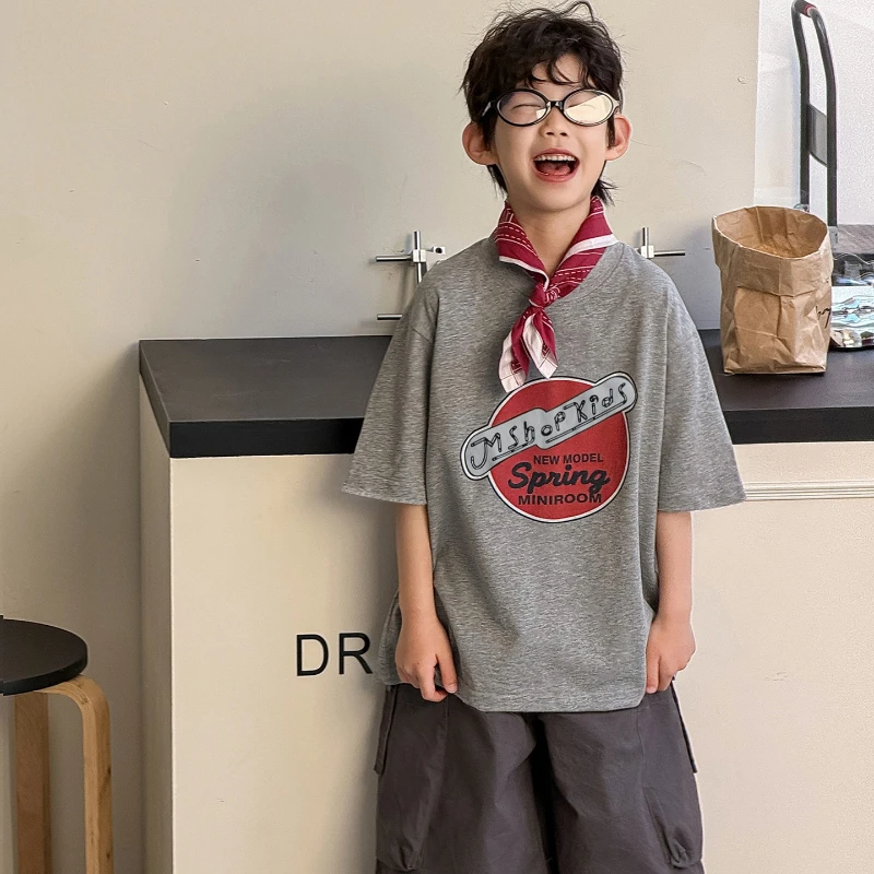 

2026 Summer New Children's Hot Selling Design Street Style Loose Round Neck Handsome T-shirt