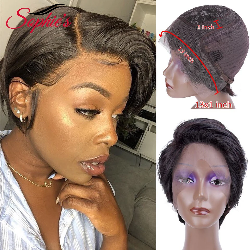 Sophie's 13*1 T Lace Part Human Hair Wigs Pixie Cut Short Wigs Brazilian Remy Hair 180% Density Wigs for Black Women 7 Colors