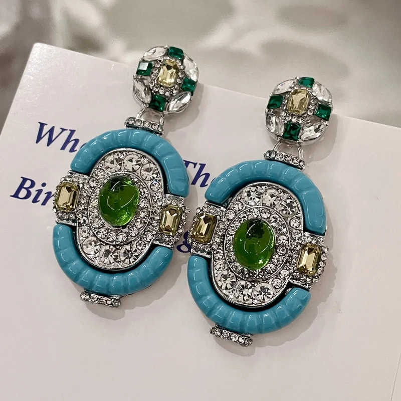 Vintage Turquoise Emerald Silver Drop Dangle Earring Victorian Era Full Diamond Gemstone Blue Ear Stud Chunky Statement Jewelry