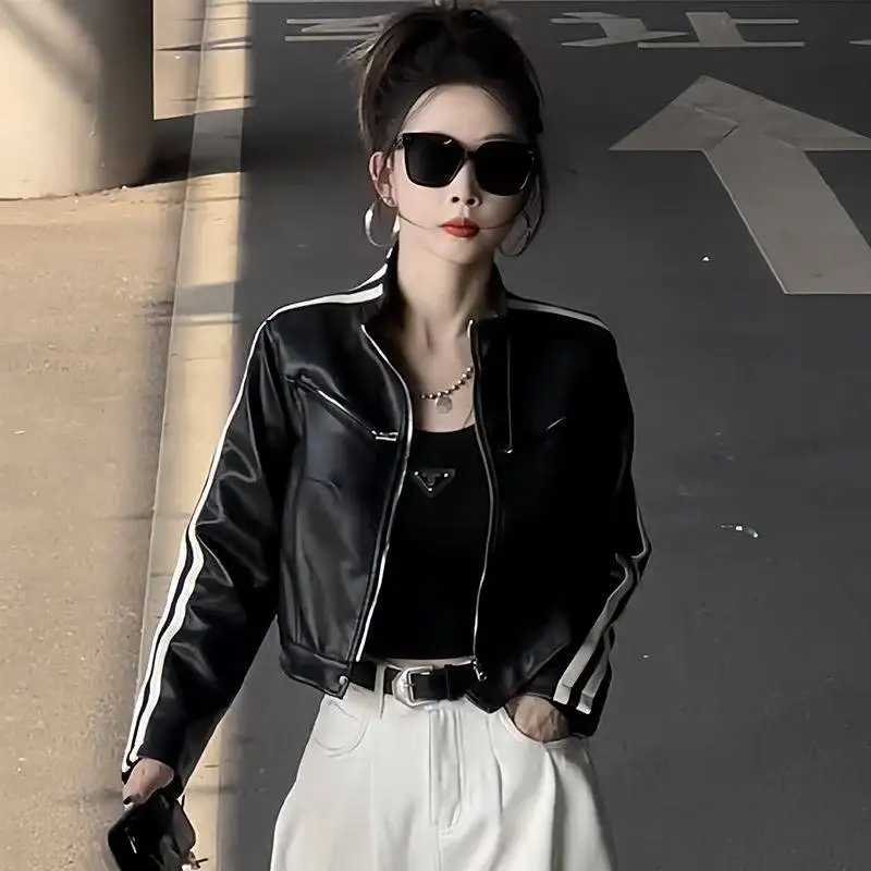 American Spicy Girl Motorcycle Style Leather Jacket Women's Spring and Autumn New Short Jacket Wide Leg Pants Two-piece Set