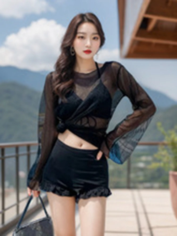 Oiinaa cover-ups maiô feminino halter cordão split maiô cintura alta babados praia shorts verão 2025 conjunto de biquíni