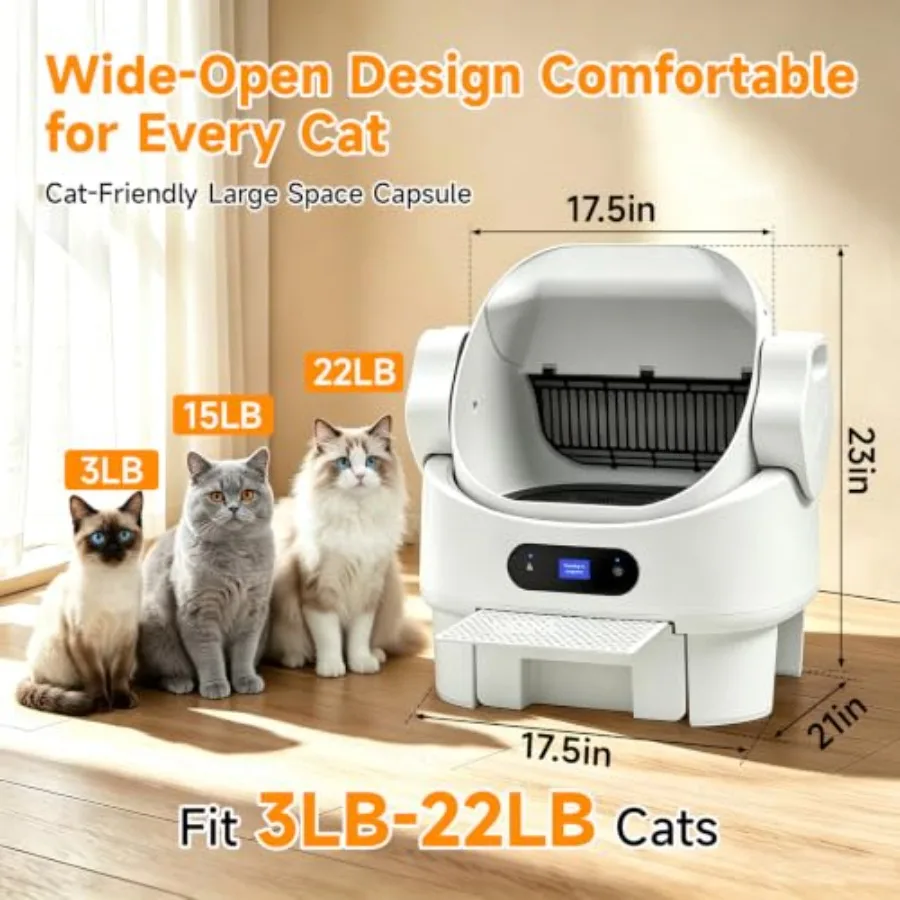 Automatic Cat Litter Box for Multi-Cat Homes: Open-Top Design with Safety Sensors, ABS Plastic, White, Hands-Free Operation Odo