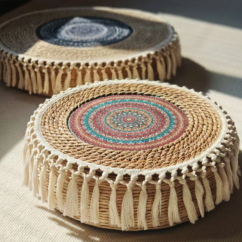 

30/40cm Straw Tassel Mat Round Single Layer Thin Mat Bohemia Style Futon Meditation Worship Carpet Home Decoration Room Door Mat