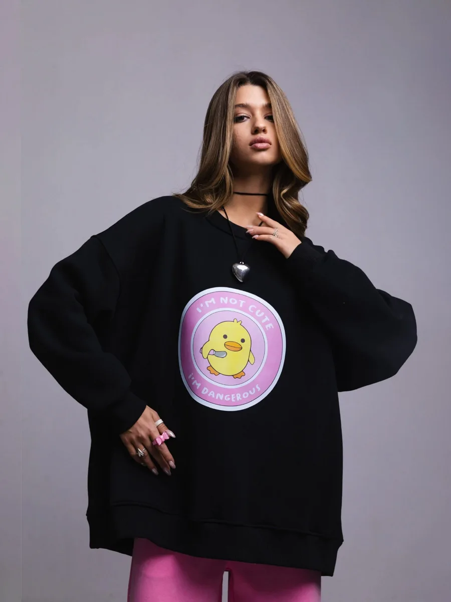 

Women's Loose Round Neck Sweatshirt Oversized Chic Printing Hoodies Casual Autumn Winter Warm Female Trendy PulloverT