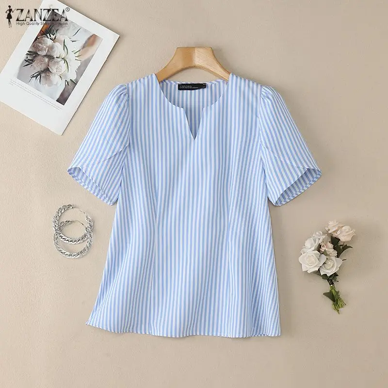 

Women Fashion Blouses 2026 Spring Summer Elegant Short Petal Sleeve V-Neck Fitted Waist Striped Tops ZANZEA Woman Clothes 3XL