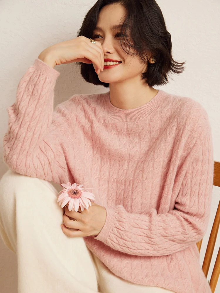 Mulheres chiques 100% camisola de caxemira o-pescoço pulôver cabo malha frente curta longa volta estilo vintage solto malhas outono inverno topo