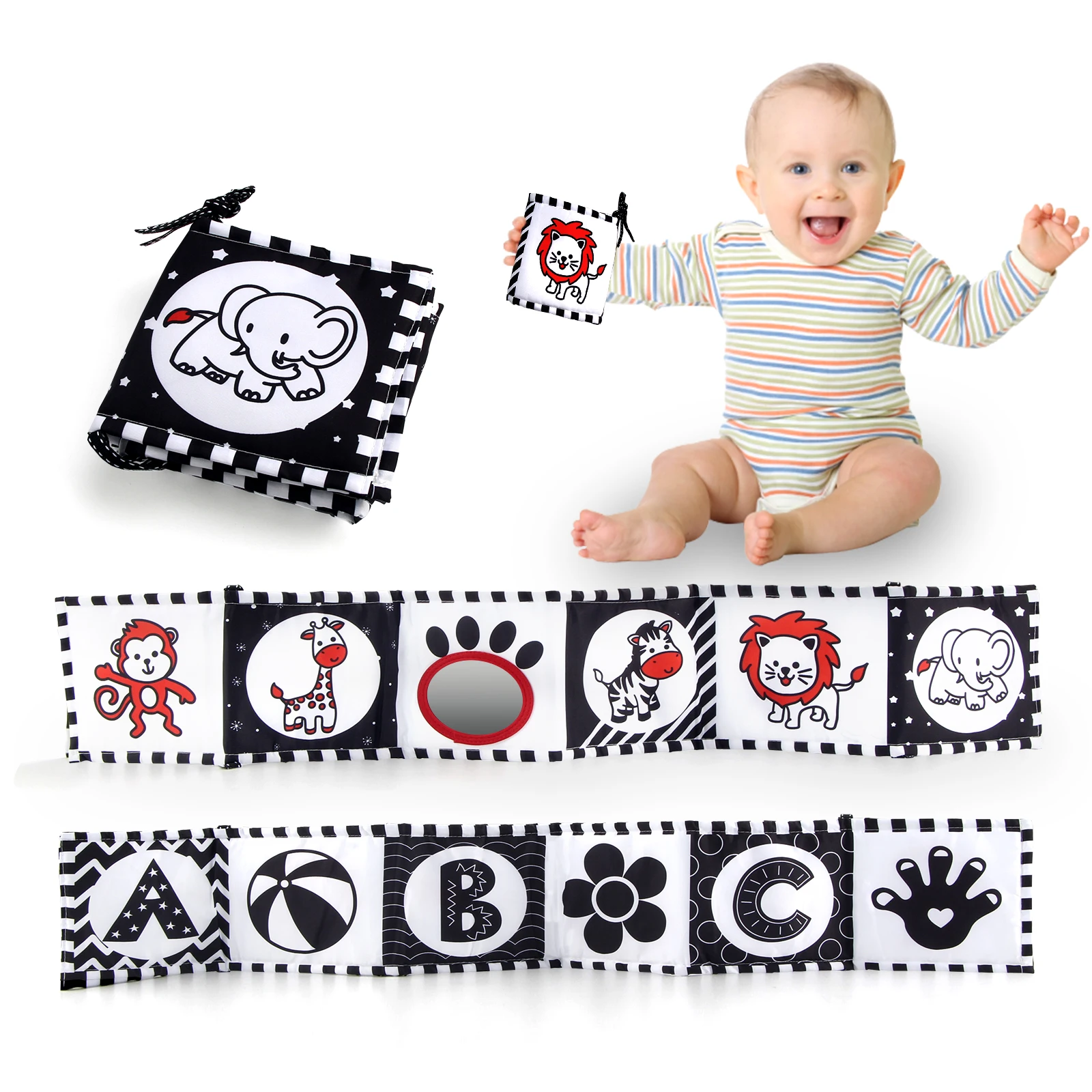 Sensory Cloth Book High Contrast Baby Toys 0-12 Months Newborn Crib Toys Black and White Animal Cloth Books Montessori Baby Book