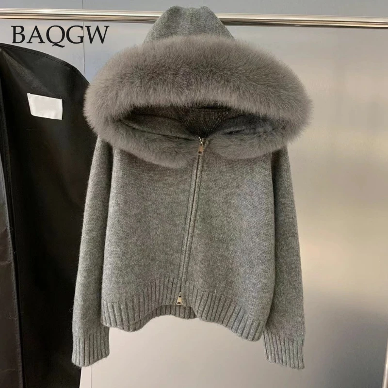 Real Fox Fur Kintwear Women 2025 New Spring Autumn Hooded Sweater Female Loose Zipper Kintted Jacket Oversized Cardigan