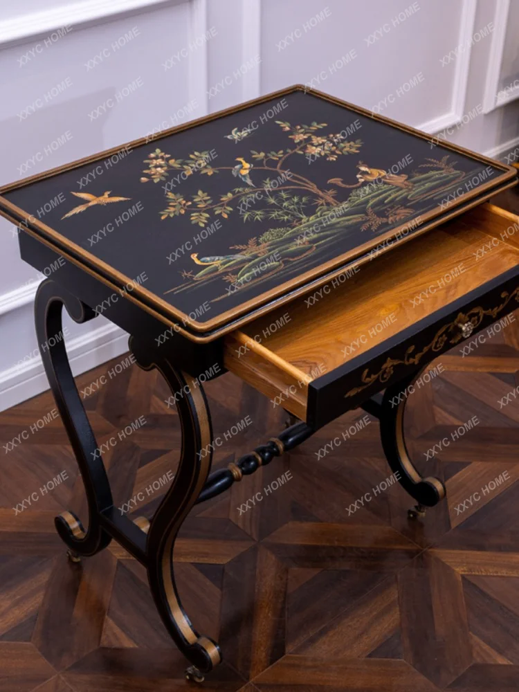 New Chinese Style Mini Corner Table Brown Crack Paint Painted Character Flowers and Birds Curved Angle Tea Table with Copper