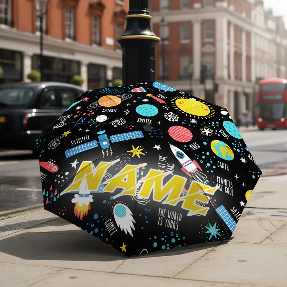 Custom Name umbrella, Solar System Adventure Umbrella,Explore the Galaxy Design Fashion Folding Umbrella for Sunny and Rainy