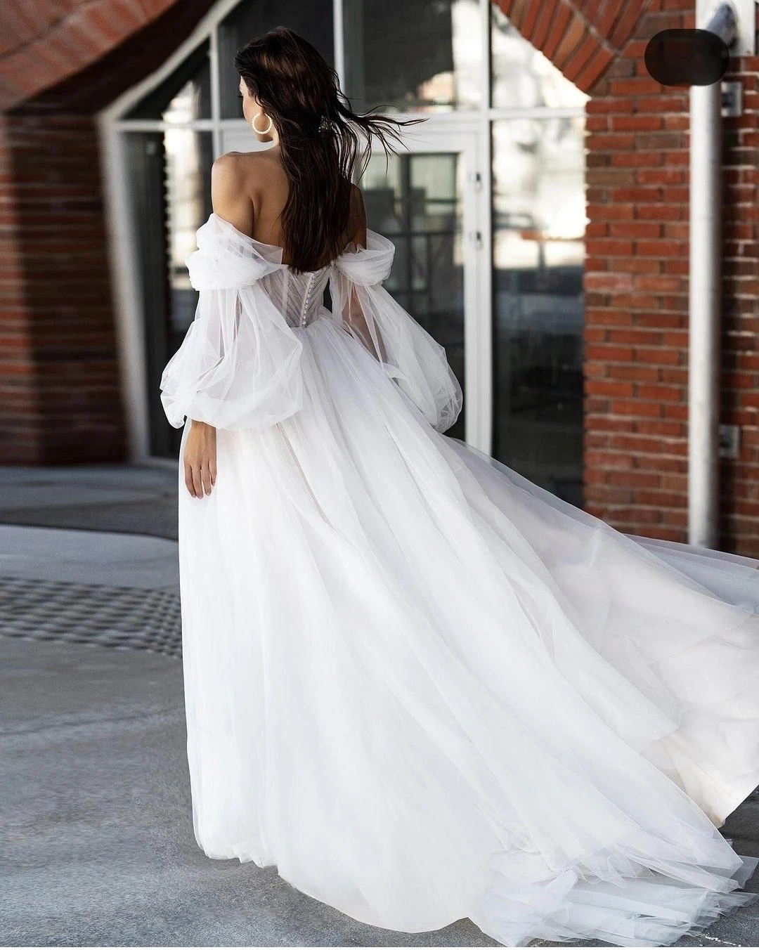 Princess Long Puff  Sleeve Wedding Dress Floor Length Side Slit A-Line Customzie To Measures Robe De Mariee Organza Beading