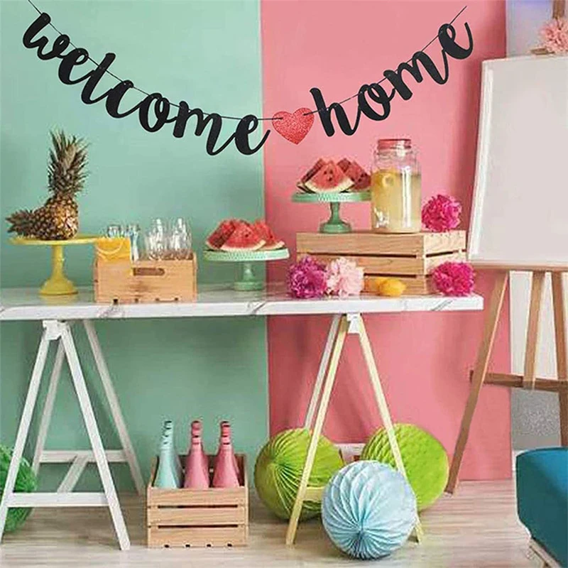 Welcome Home Banner Coarse Linen Logo Party Decoration, Country Style Colorful Flag Wreath Family Gathering Photo Booth Props