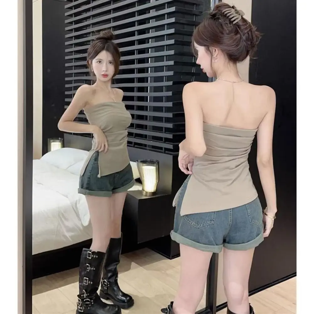 Strapless Bandeau Tube Top Casual Side Slit Hem Asymmetrical Sleeveless Vest Sexy Bandeau Top Summer