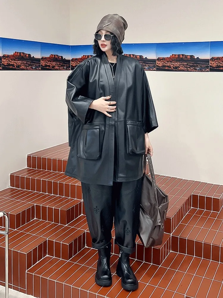 Nuova giacca da donna in vera pelle Harajuku con scollo a V vestibilità ampia con bottone singolo streetwear cappotto di pelle di pecora medio lungo casual oversize