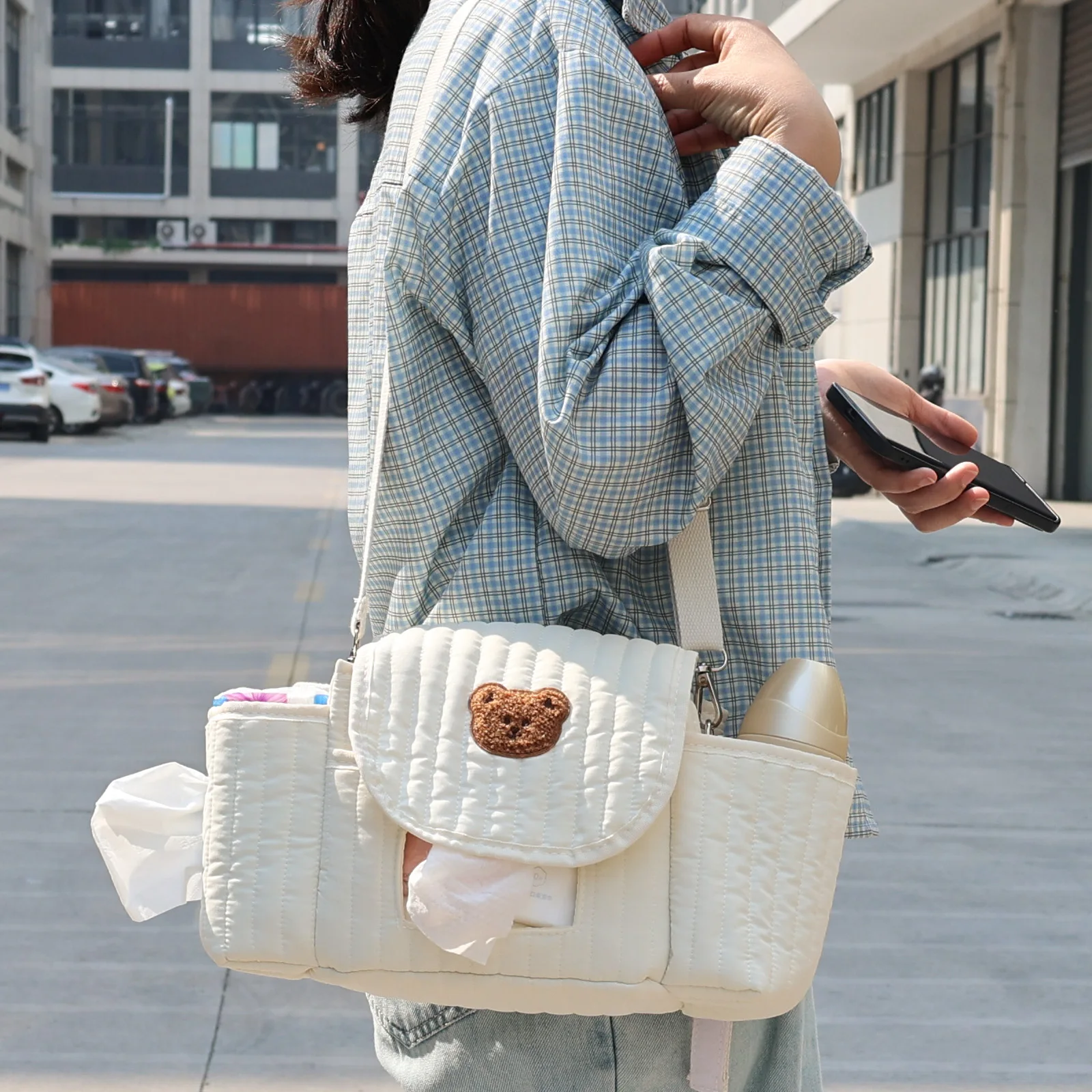 Off-white bear magic bag for stroller, dual-use crossbody bag, cartoon mommy bear storage bag, children's stroller storage basket, child-walking aid
