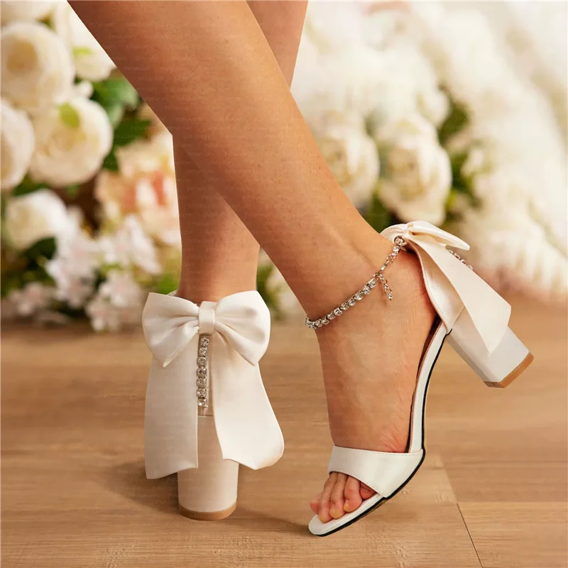 

Thin high-heeled wedding shoes summer new satin pearl rhinestone bow sandals banquet large-size thick-heeled women's shoes