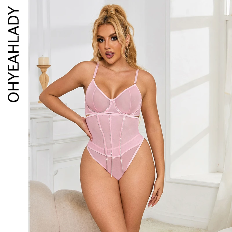 Ohyeahlady Women's Solid Pink Bra and Panties Sets 5 Bones Waist Shaper Transparent Mesh Plus Size Sexy Lingerie Set with Chains