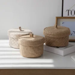 Woven Snack Storage Box Jute Sundry Storage Basket And Lid Wardrobe Table Round Gift Box Wicker Flower Pot Storage Basket