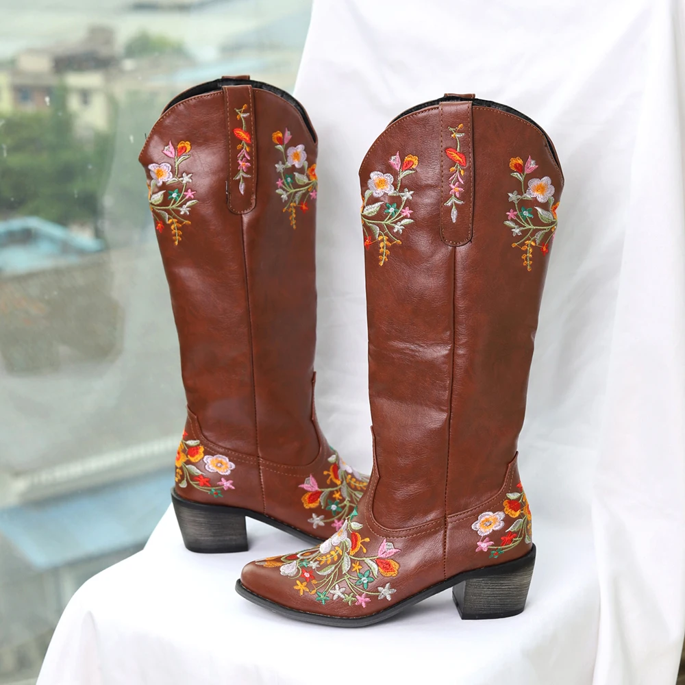 Botas con bordado de flores Vintage para mujer, botas vaqueras occidentales, trabajo informal, equitación, tacón grueso, novedad