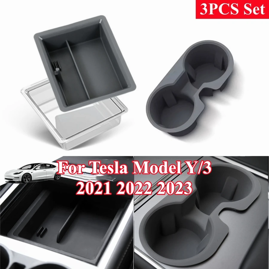 

For Tesla Model 3 & Model Y 2022 2023 Foodgrade Silicone Center Console Organizer Tray 3PCS Set Cupholder Storage Box for Tesla