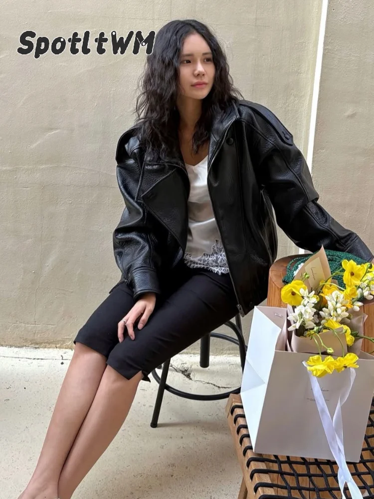 Black Faux Leather Biker Jacket Wide Lapel Zipper Loose Moto Coat Women's Vintage Drop Shoulder Pu Leather Outerwear 2026 New