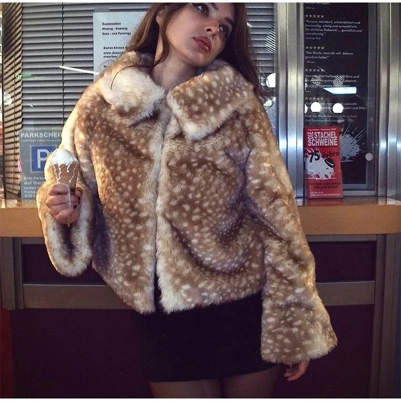 Clothland Women Retro Animal Print Fur Coat Long Sleeve Turn Down Collar Female Vintage Jacket Mujer CB364