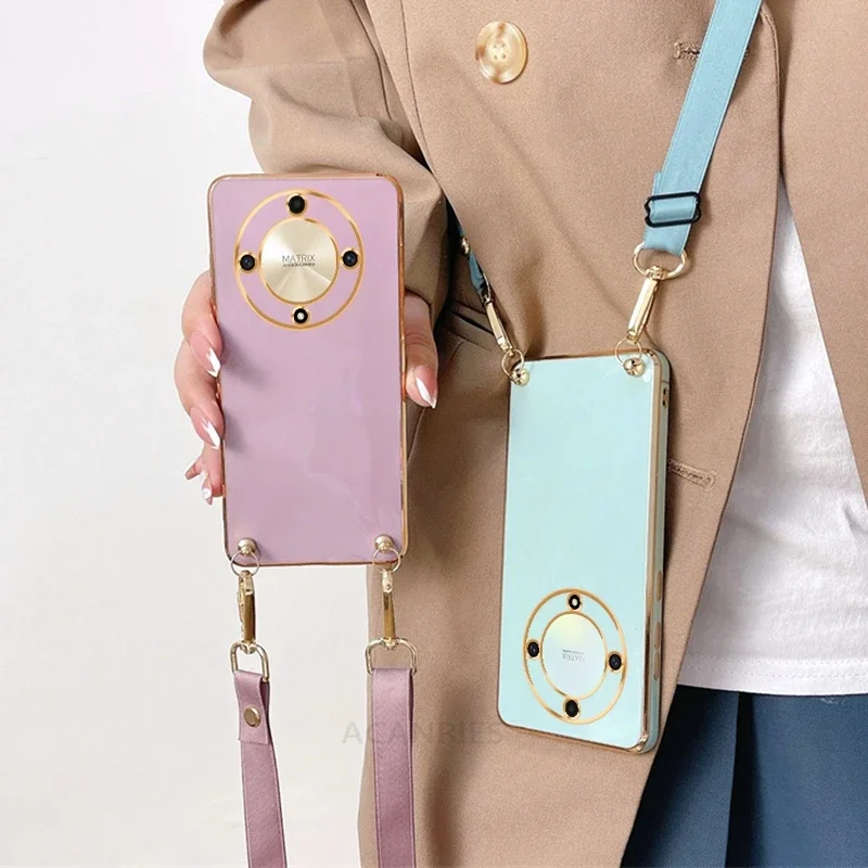 

Magic6 Magic5 Lite Crossbody Lanyard Plating Case For Huawei Honor Magic 6 5 Lite Pro 5g X9a X9b Cord Silicone Cover 5lite 6lite