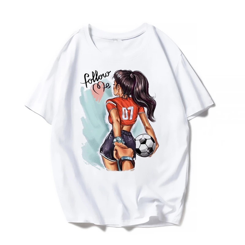 Women T Shirts Cartoon Football girl Follow me Graphic Kawaii T-Shirt Female Harajuku 90s Short Sleeve TShirt Tops Lady Clothes