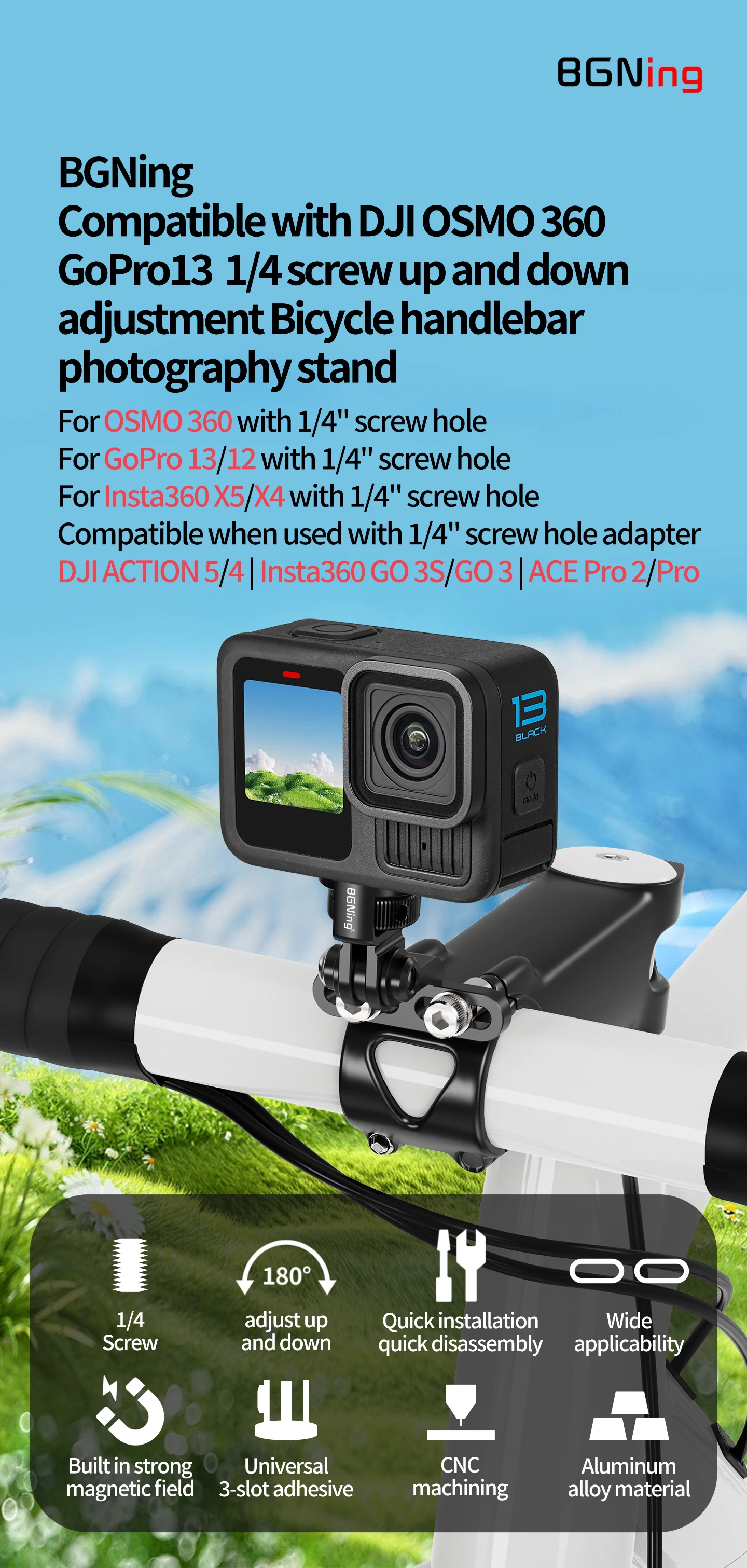 1/4 Schraube Fahrrad Vorbau Kamera Halterung Verstellbare Halterung für GoPro 13 DJI OSMO 360 Action Pocket3 Insta360 Fahrrad Lenker Ständer – Detail 13