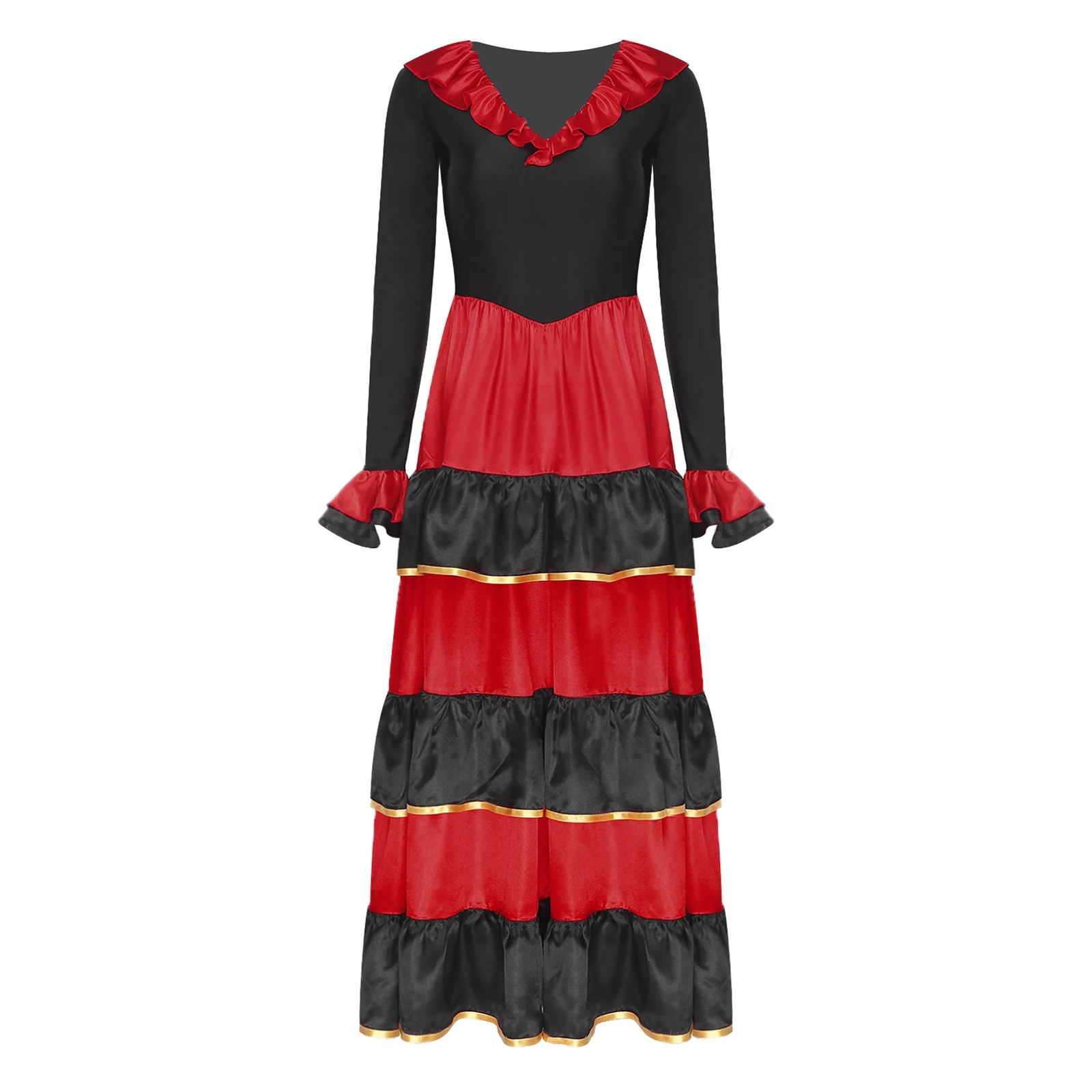 Abito lungo da ballo flamenco da donna Abito lungo a maniche lunghe con volant a strati e colore a contrasto per la festa vintage di ballo spagnolo