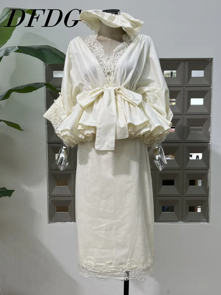 

DFDG Women’s 2025 Summer Fall Linen Blend Sheer V-Neck Ruffle Crop Top Bodycon Skirt 2 Piece Set Y2K Vacation Party Outfit Set