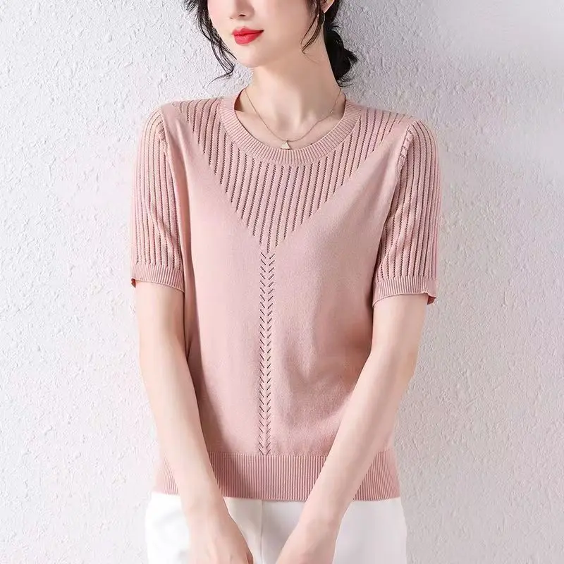 TuangBiang Female Summer Cotton Pullover 2023 Hollow Out O-Neck Short Sleeves Knitted T-Shirts Women Autumn Thin Loose Pink Tops